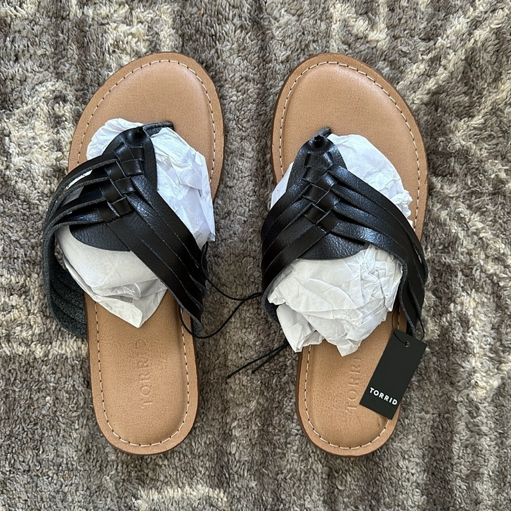 torrid Black Woven Strap Tan Footbed Slide Sandals